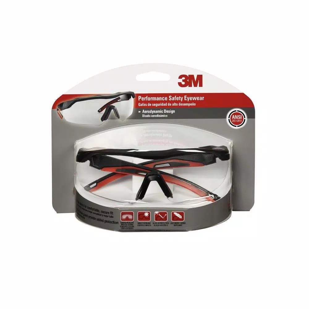 3M Performance Safety Eyewear, Black Frame with Clear Anti-Fog Lenses, Aerodynamic Design (4 Pack)