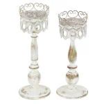 LITTON LANE 14 in. Distressed Ivory Iron Pillar Candle Holders with Filigree Design (Set of 2) thumbnail 1