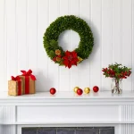 Nearly Natural 18 in. Tea Leaf Poinsettia and Pine Artificial Wreath thumbnail 3