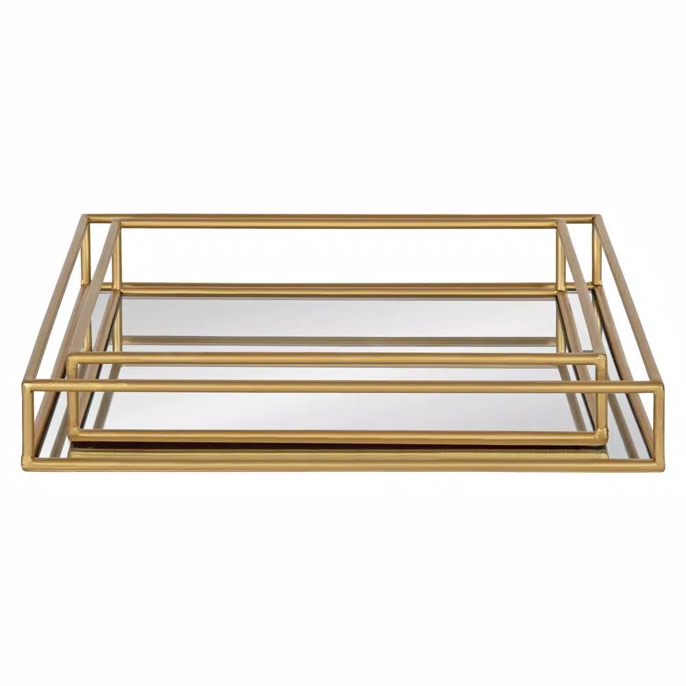 Kate and Laurel Felicia Gold Mirrored Metal Nesting Tray Set - Decorative Rectangular Trays for Home Decor