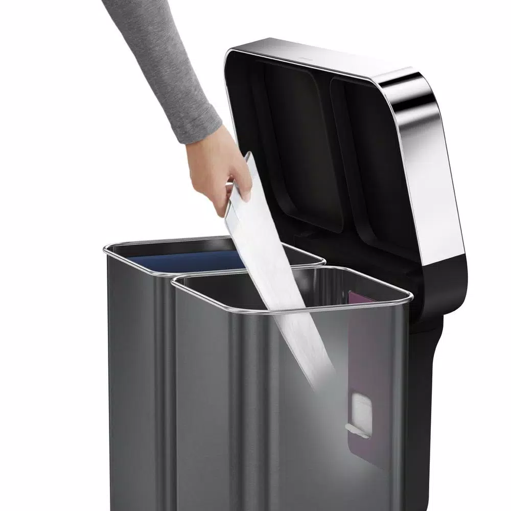 simplehuman 58L Black Stainless Steel Dual Compartment Rectangular Step-On Recycling Trash Can