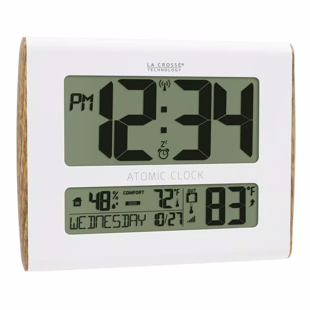 La Crosse Technology Digital Atomic Faux Wood Sided Wall Clock with Indoor/Outdoor Temperature and Humidity