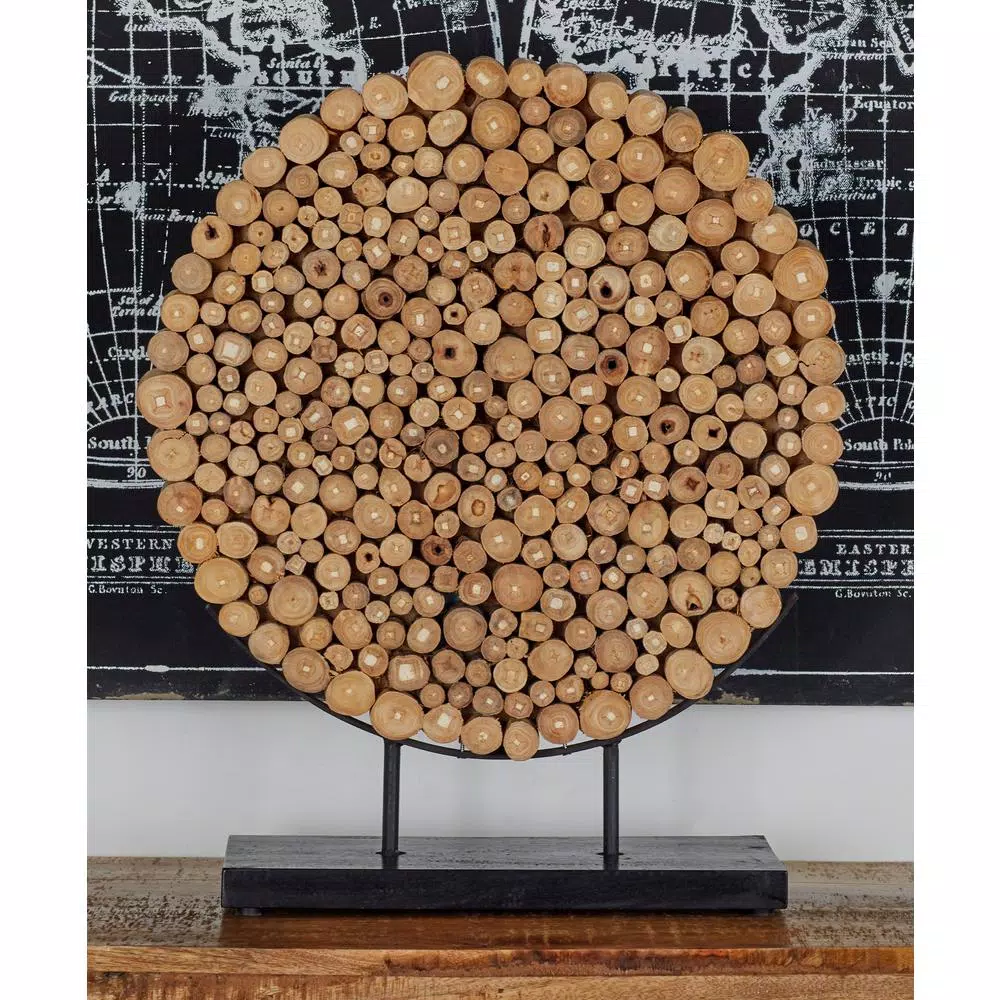 LITTON LANE Round Teak Wood Stump Sculpture - Rustic Organic Table Decor