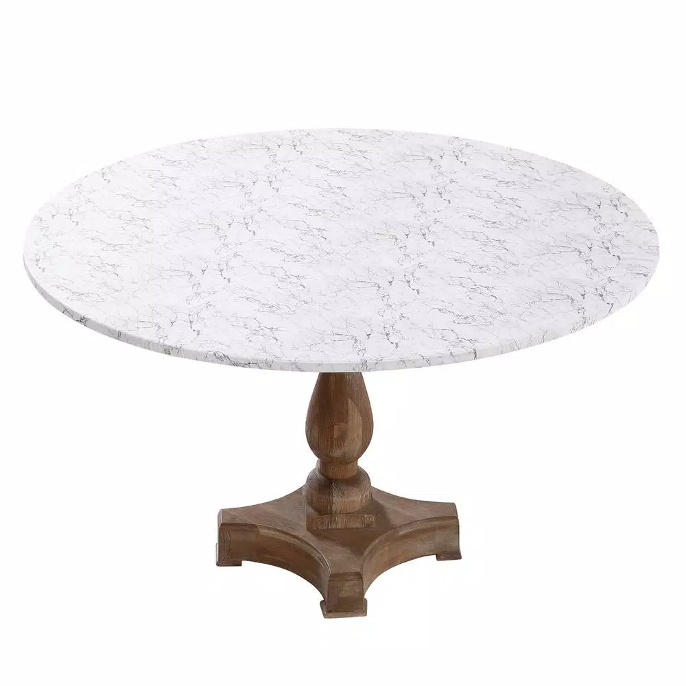 Brielle Home 48" White Marble Printed Cotton Fabric Fitted Table Cover