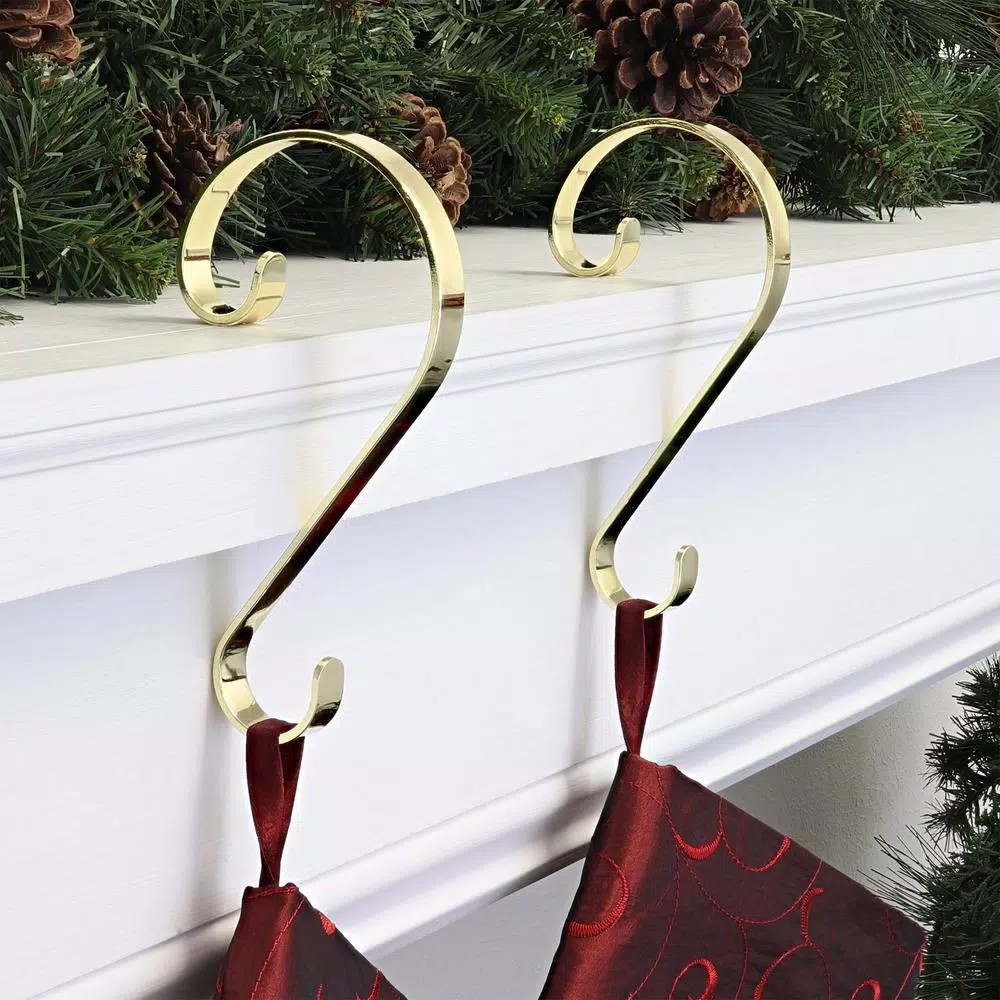 Haute Decor Brass Scroll Stocking Holders, 2-Pack - Ornate Christmas Mantel Decor