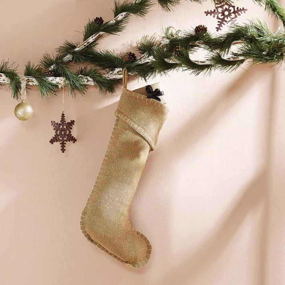 VHC Brands Nowell Farmhouse 20 in. Natural Burlap Christmas Stocking with Silver Metallic Whip Stitching