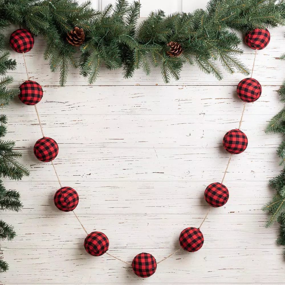Glitzhome 6.5 ft. Red and Black Plaid Fabric Garland with 11 Decorative Ornaments