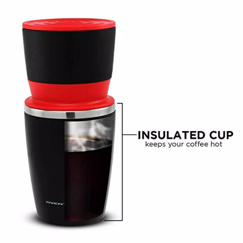 Ovente 2-in-1 Single Serve Coffee Grinder and French Press Maker with Insulated Cup, Red