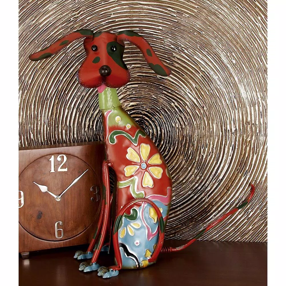 LITTON LANE Whimsical Dog Iron Sculpture with Floral Botanical Details and Wagging Spring Tail