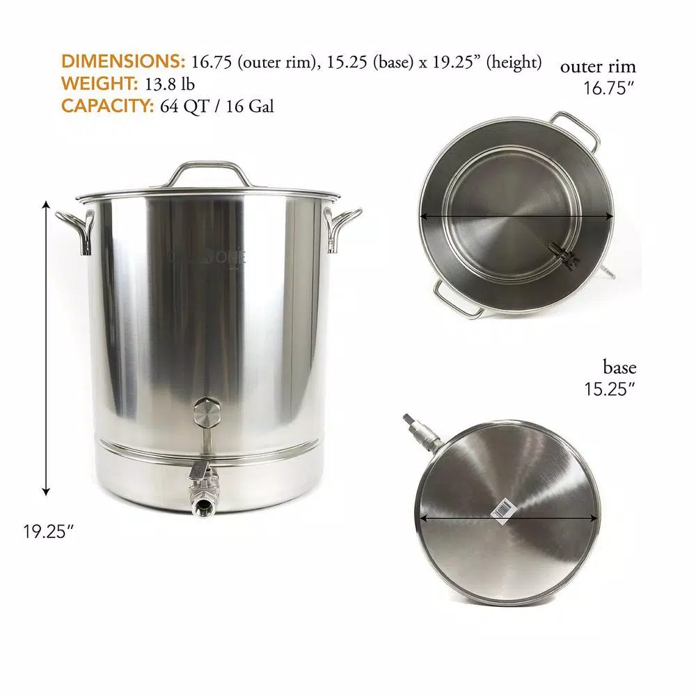 Gas One 64 Qt. Stainless Steel Brew Kettle Set with Tri-Ply Aluminum Bottom and Spigot