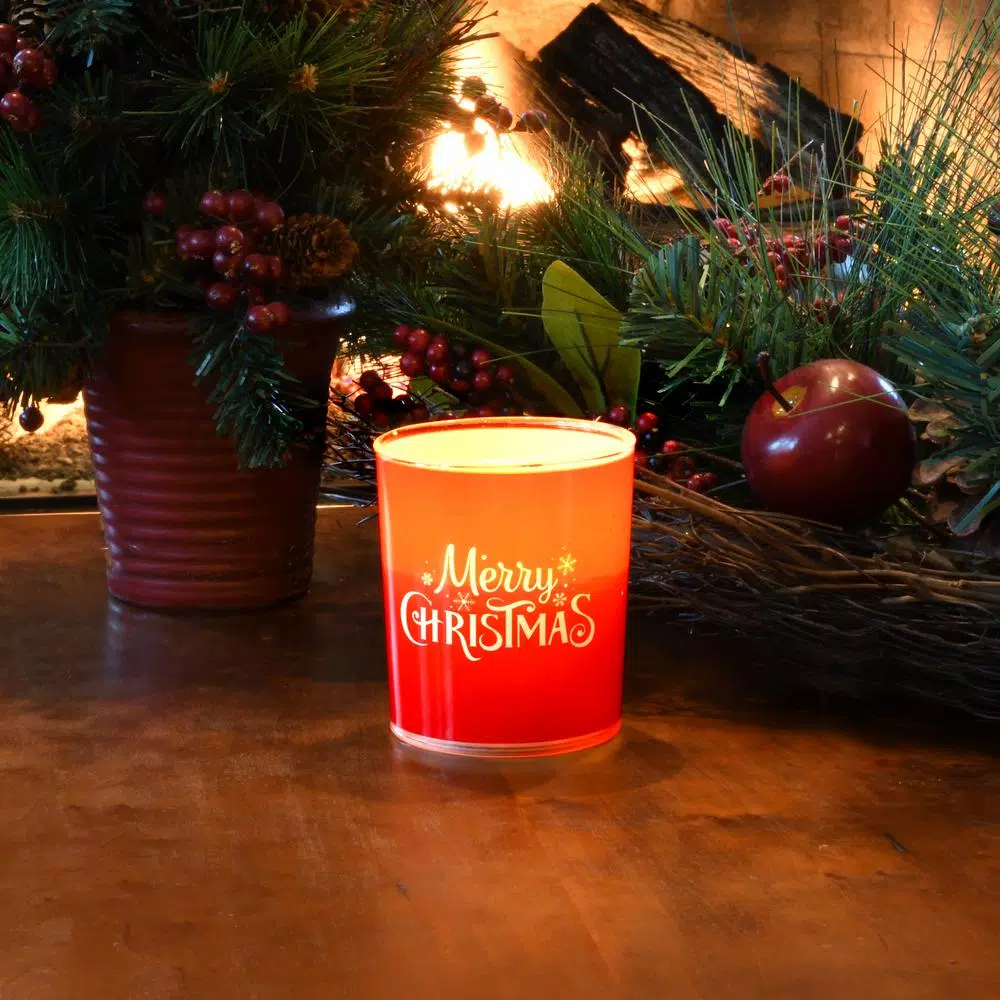 LUMABASE Red Glass LED Merry Christmas Battery Operated Flameless Candles, Set of 2