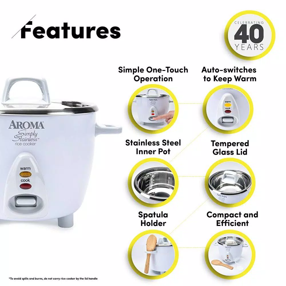 AROMA Simply Stainless 14-Cup Rice Cooker, White