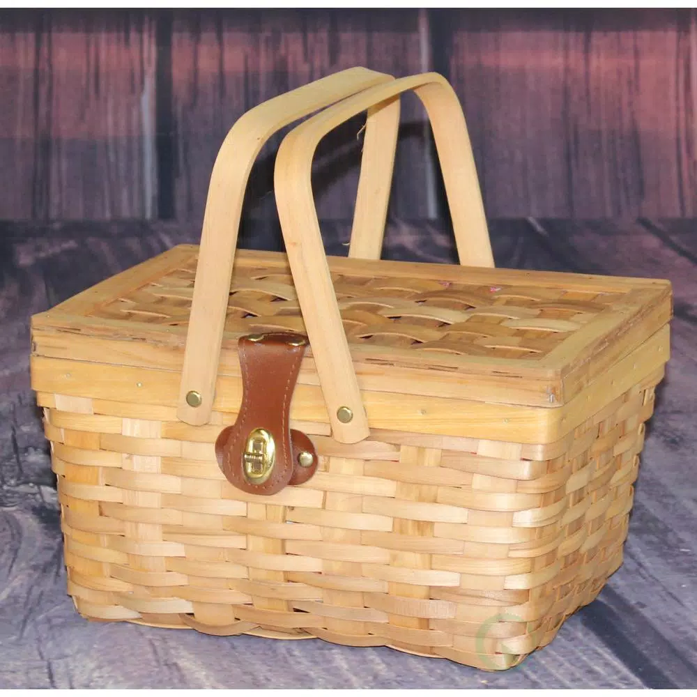 Vintiquewise Piccadilly Willow Picnic Basket with Red and White Gingham Lining and Folding Handles
