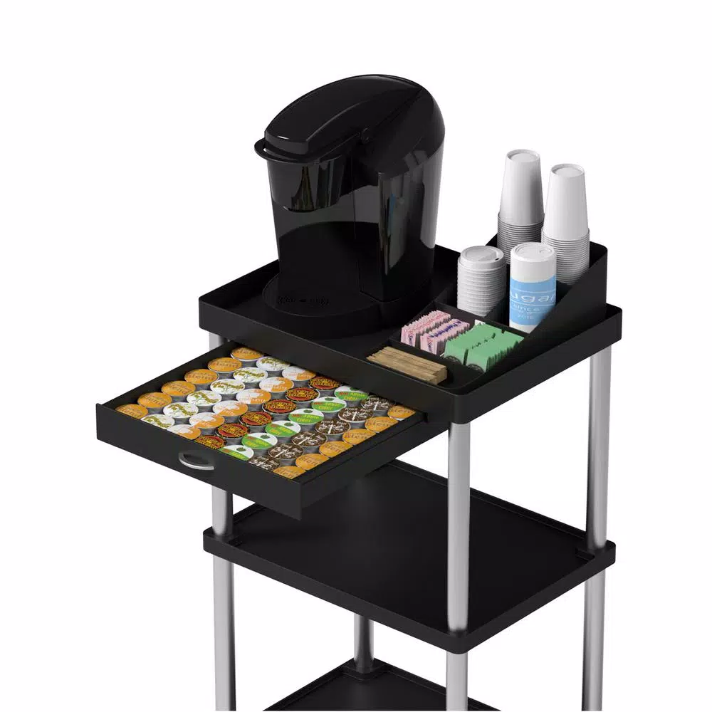 Mind Reader 3-Tier 7-Compartment Rolling Black Coffee Cart with Storage Drawer