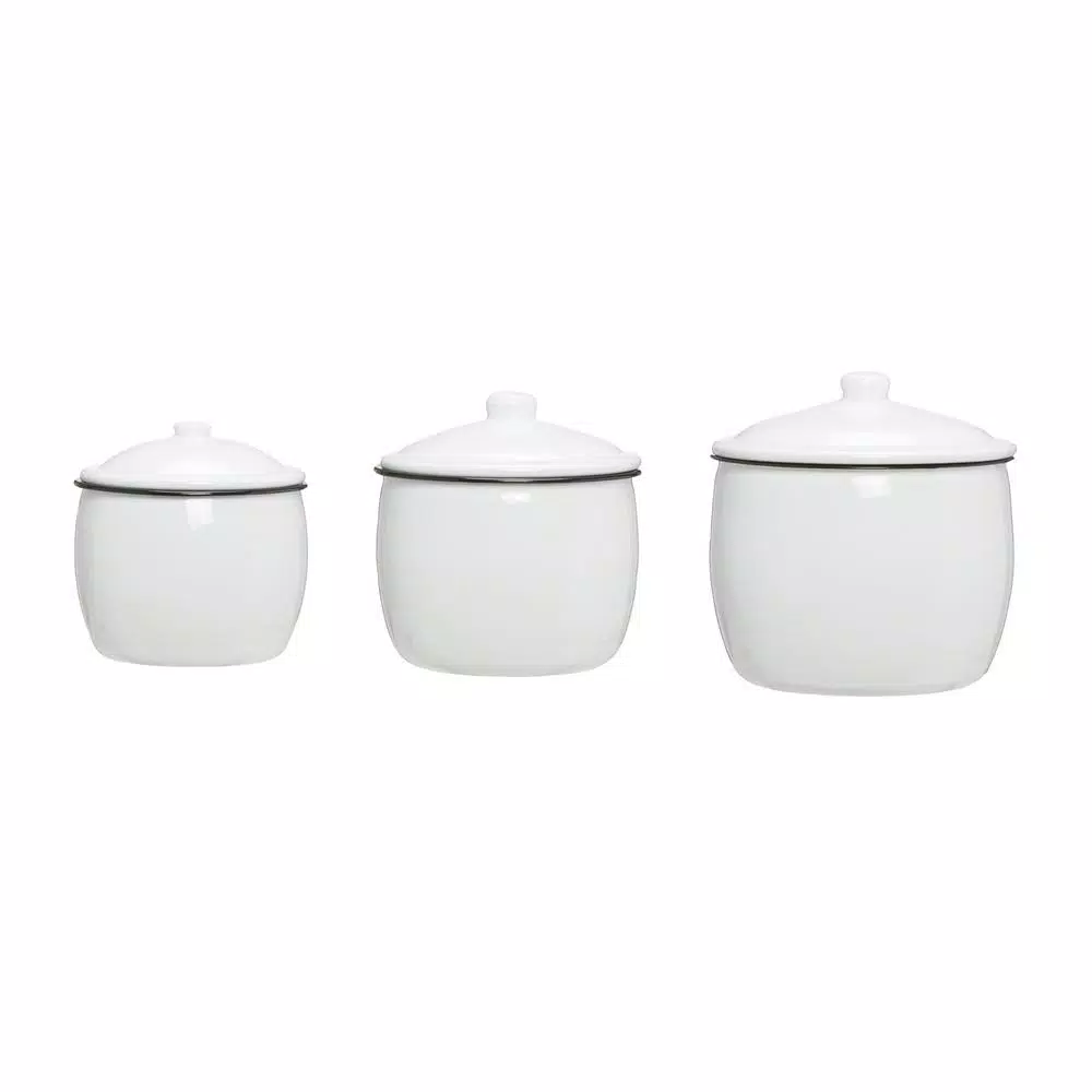 3R Studios 3-Piece Enameled Metal Canister Set with Lids, White with Black Rim