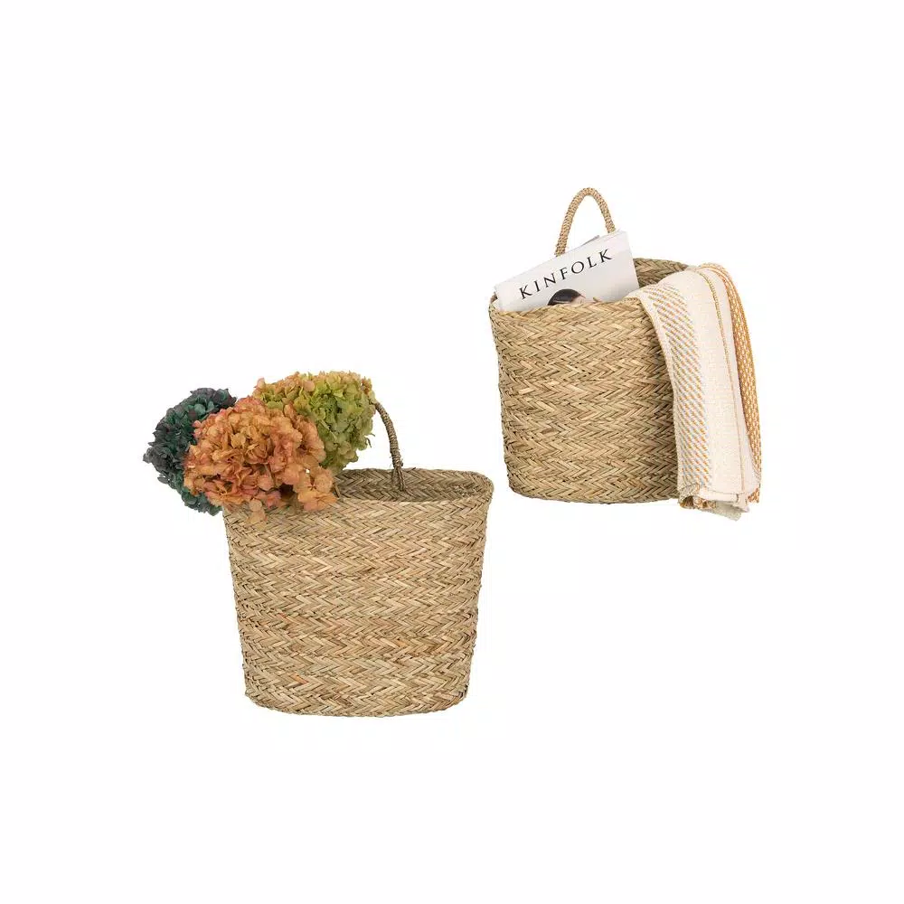 3R Studios Handwoven Seagrass Decorative Wall Baskets, Oval Wicker Storage Set of 2, Beige