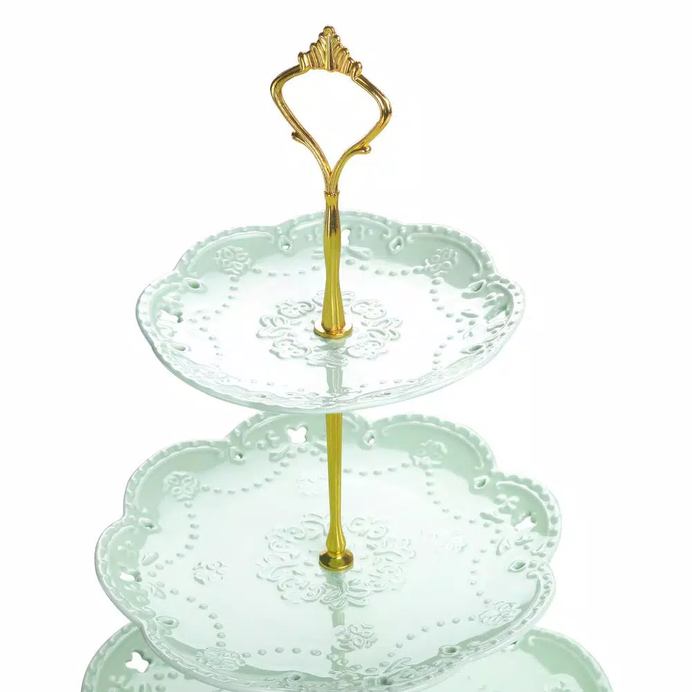 MALACASA 3-Tiered Green Porcelain Cupcake Tower Stand, Round Dessert & Cake Serving Stand