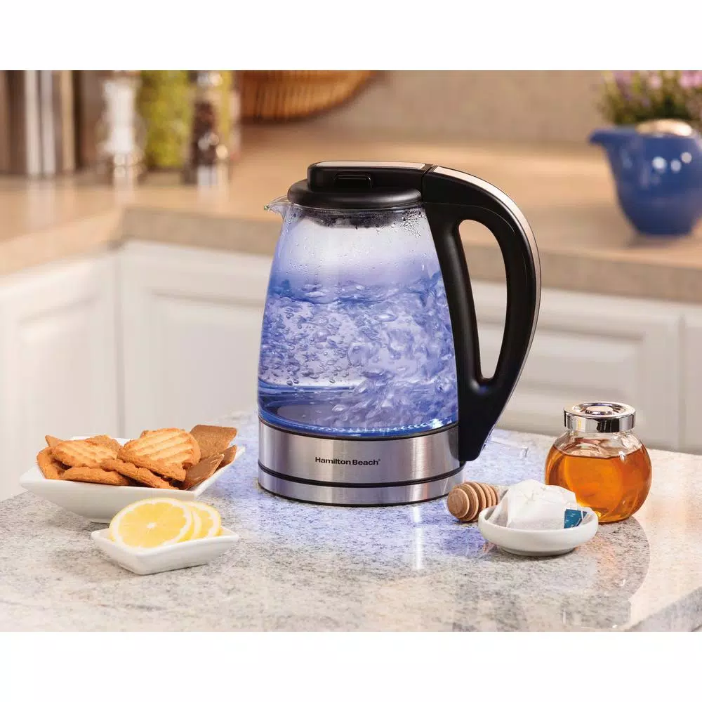 Hamilton Beach 1.7 Liter Glass Electric Kettle, 1500W Rapid Boil with Blue Illumination