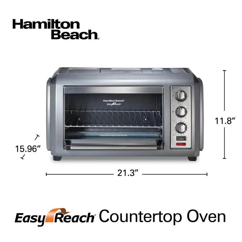 Hamilton Beach Easy Reach 1500W 6-Slice Convection Toaster Oven with Roll-Top Door, Grey