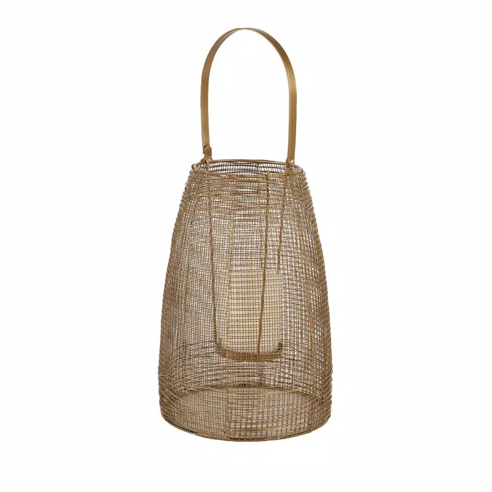 LITTON LANE Large Round Bronze Mesh Metal Lantern Candle Holder with Suspended Glass Hurricane