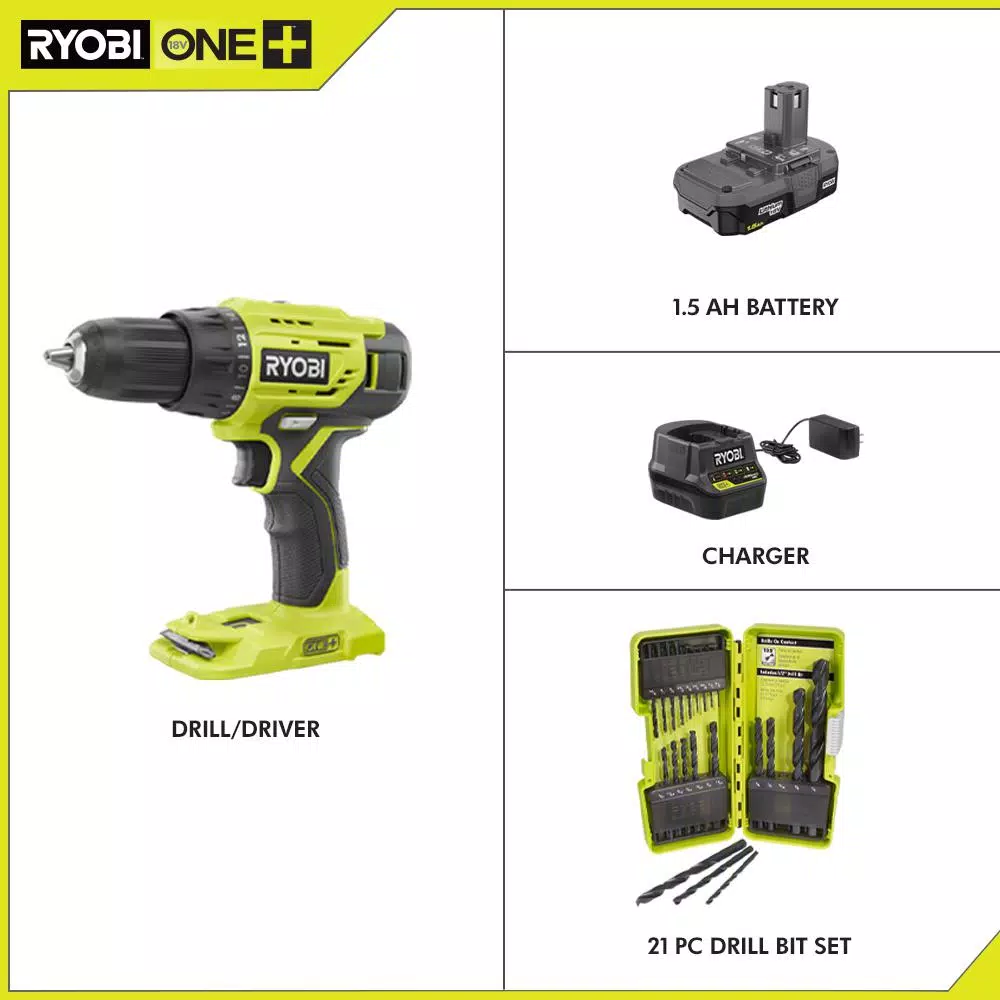 RYOBI 18V ONE+ 1/2 in. Cordless Drill/Driver Kit with 1.5 Ah Battery, Charger, and 21-Piece Black Oxide Bit Set