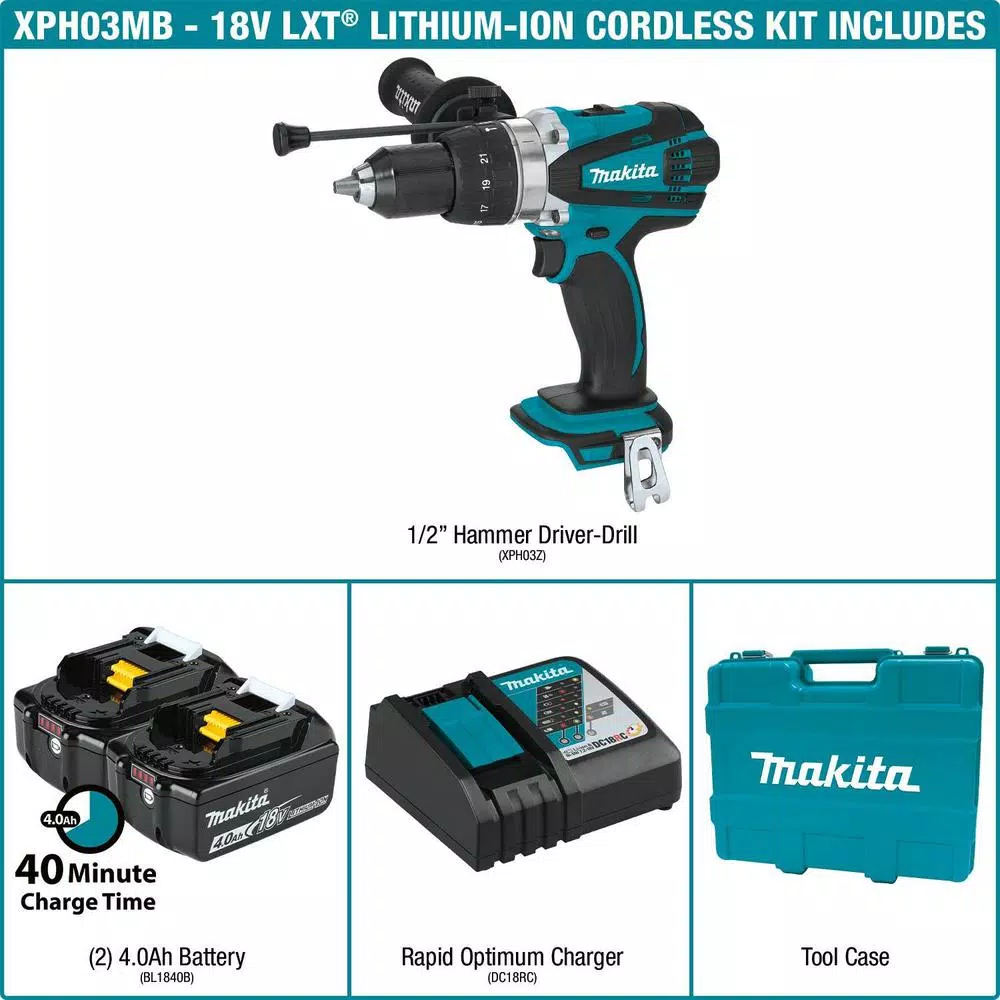 Makita 18V LXT Cordless 1/2 in. Hammer Driver-Drill Kit with (2) 4.0 Ah Batteries, Charger, and Hard Case