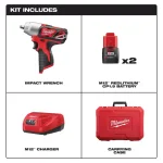 Milwaukee M12 12V Lithium-Ion Cordless 3/8 in. Impact Wrench Kit with (2) 1.5 Ah Batteries, Charger & Hard Case thumbnail 2