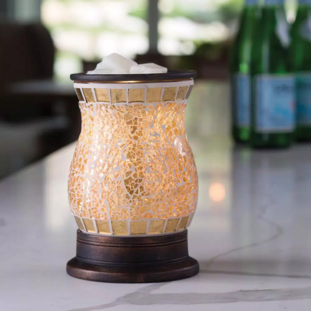 Candle Warmers Etc 8.8 in. Gilded Glass Illumination Fragrance Warmer with Gold Mosaic Design