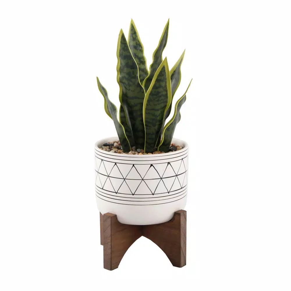 Flora Bunda 12 in. Artificial Snake Plant in White Ceramic GEO Pattern Pot with Wood Stand