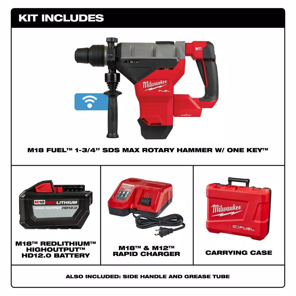 Milwaukee M18 FUEL 1-3/4 in. SDS-MAX Rotary Hammer Kit with 12.0 Ah Battery & ONE-KEY