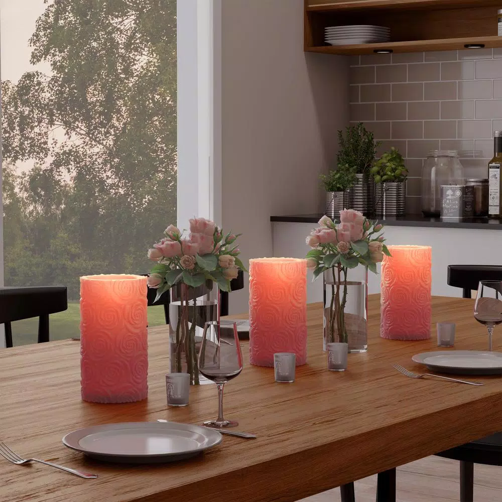 Lavish Home Rose Embossed LED Flameless Candle with Remote Control, Pink Real Wax