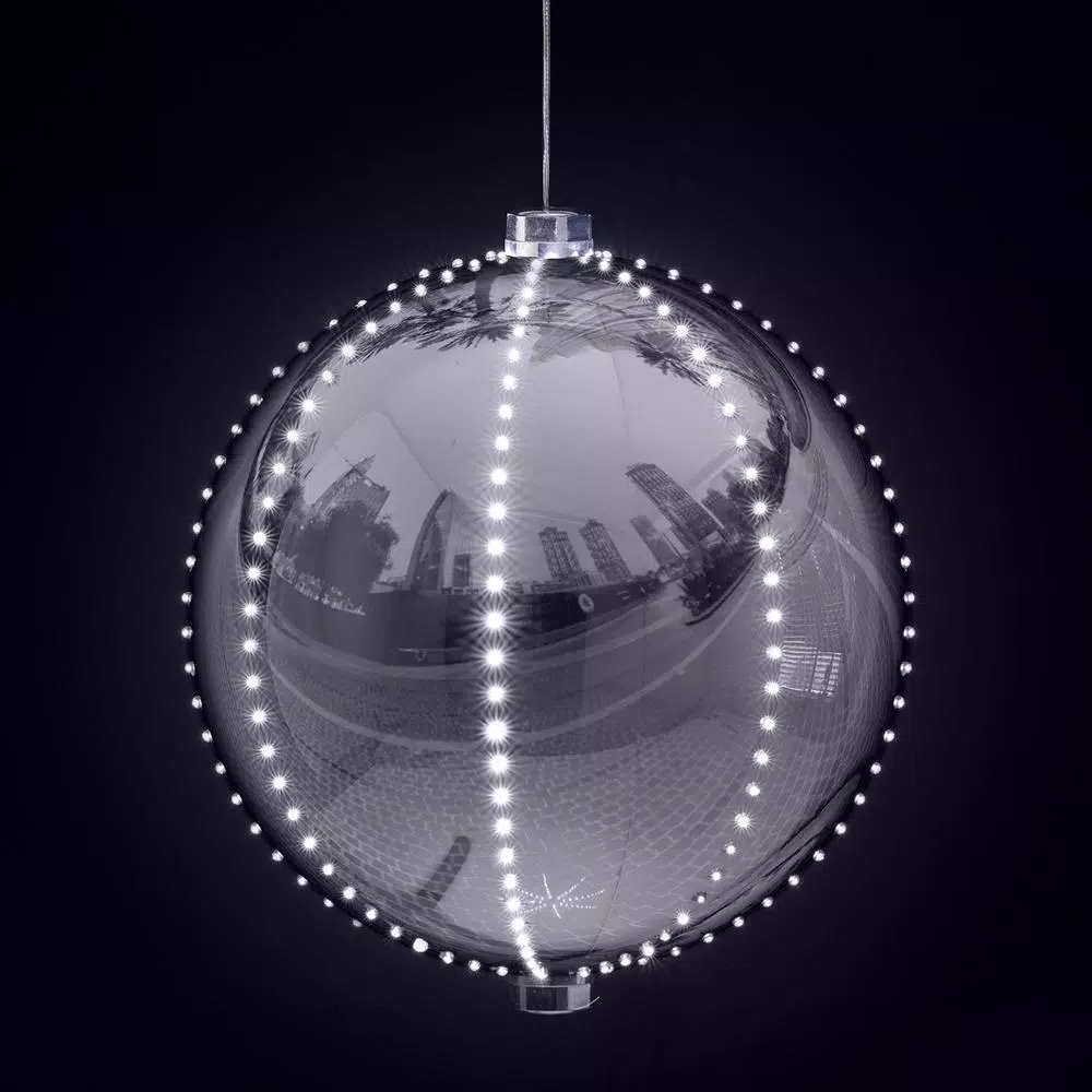 Alpine Corporation 13 in. Large Silver Hanging Christmas Ball Ornament with 240 LED Lights