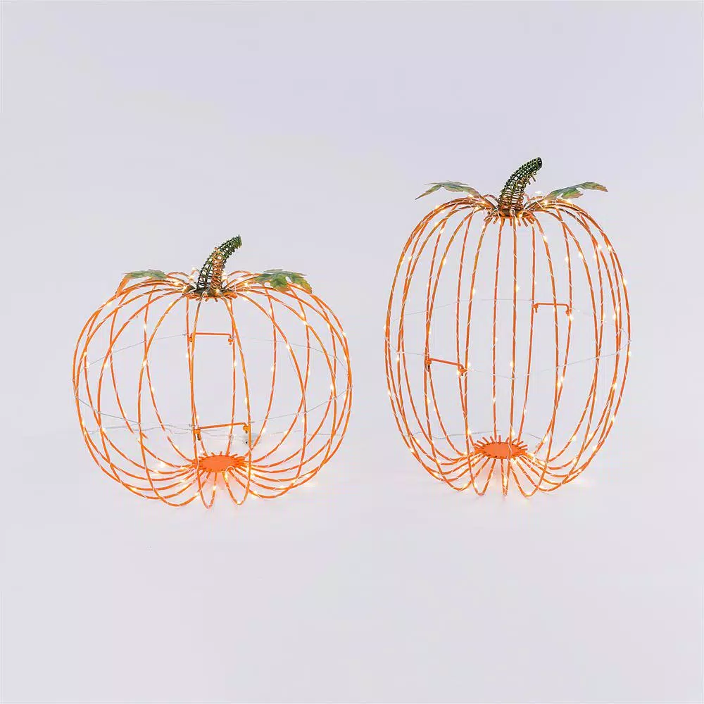 Gerson 13.58 in. Assorted Pre-Lit Metal Standing Pumpkins Decor, Set of 2