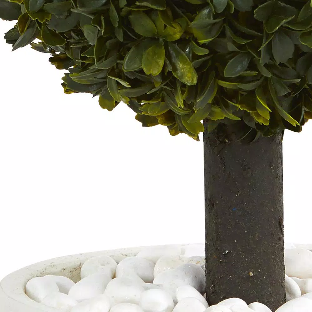Nearly Natural 26 in. Artificial Boxwood Topiary Tree with White Oval Planter and River Rocks