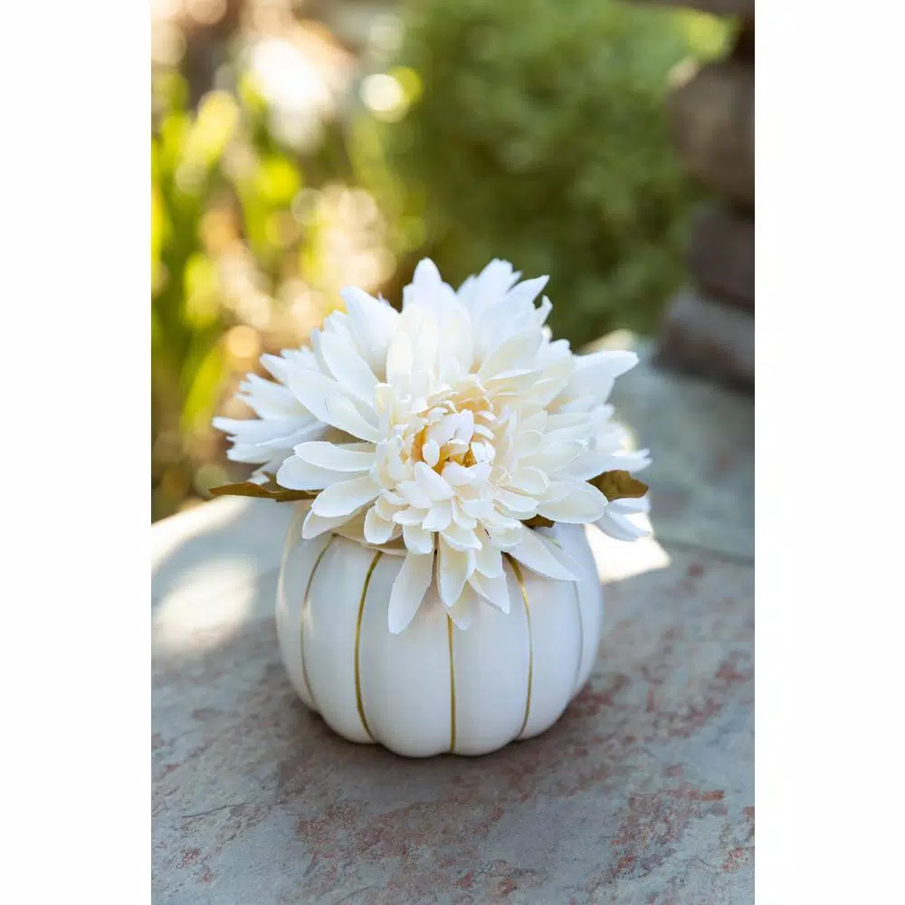 Flora Bunda 5.75 in. Cream White Faux Chrysanthemum Arrangement in Ceramic Pumpkin Pot with Gold Trim