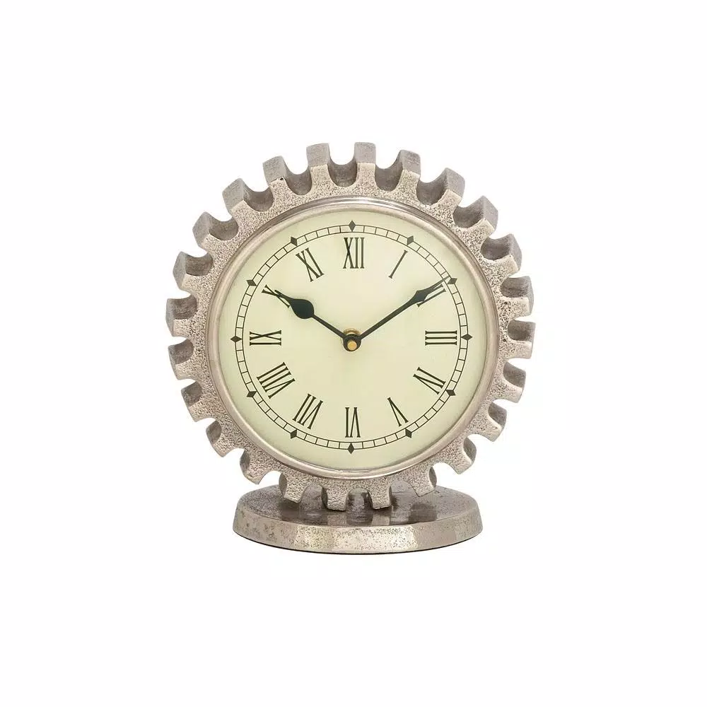 LITTON LANE Vintage Silver Gear Table Clock - Industrial Style Analog Quartz Clock