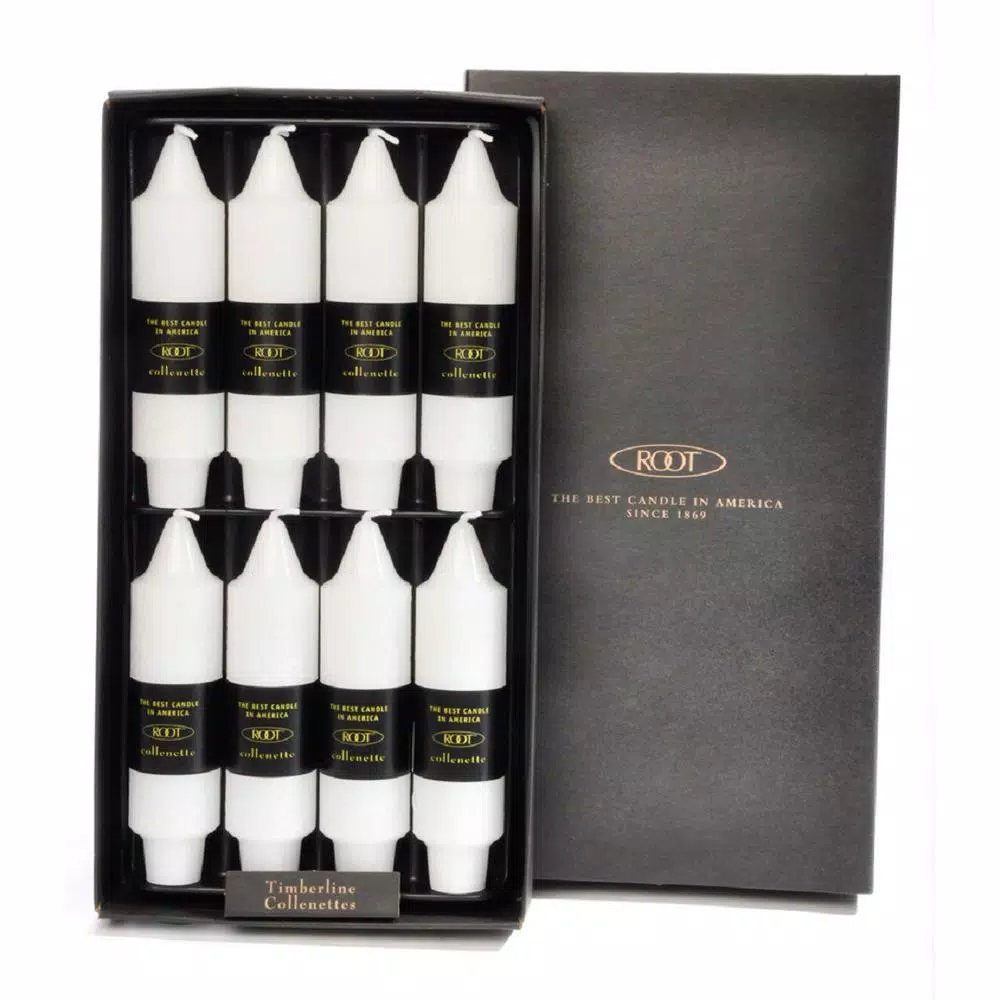 ROOT CANDLES A.I. Root 5 in. Timberline Collenette White Taper Dinner Candles, Box of 8