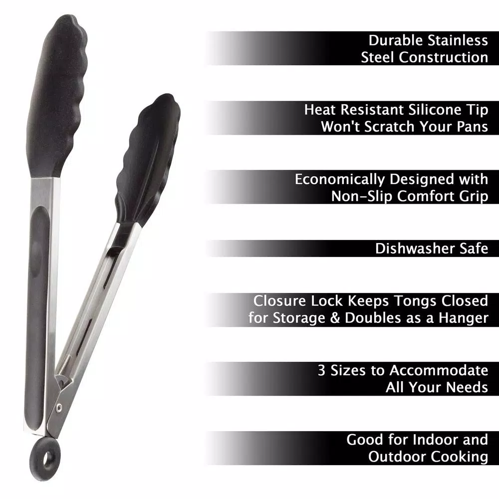 Classic Cuisine Stainless Steel Kitchen Tongs with Silicone Tips, 3-Piece Set