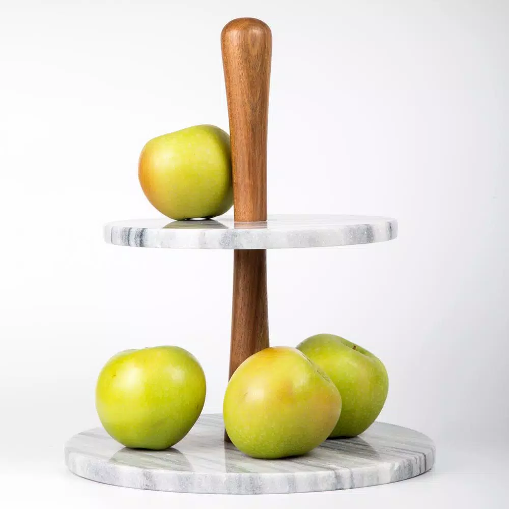 Creative Home 2-Tier Natural Marble and Acacia Wood Cake Dessert Stand, Round Pastry & Fruit Server