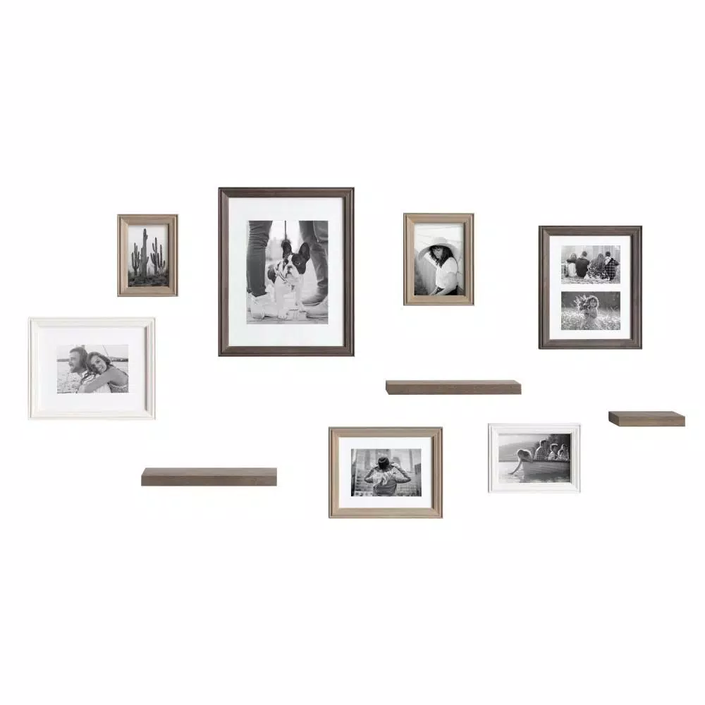 Kate and Laurel Bordeaux Rustic Farmhouse Gallery Wall Frame and Shelf Set, 10-Piece Multi/Gray Wood Collection