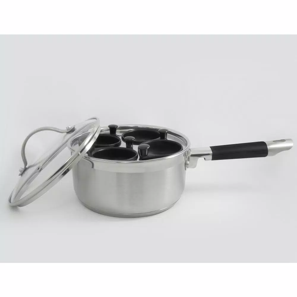 ExcelSteel Professional 4-Cup Stainless Steel Egg Poacher Set with Non-Stick Cups and Silicone Spatula