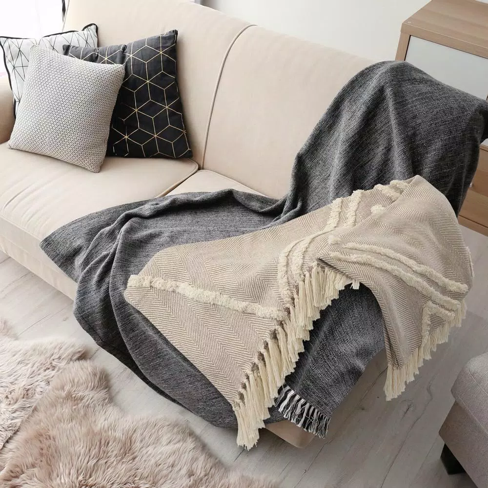 LR Home Fringe Tufted Geometric Cotton Throw Blanket - Beige/Cream