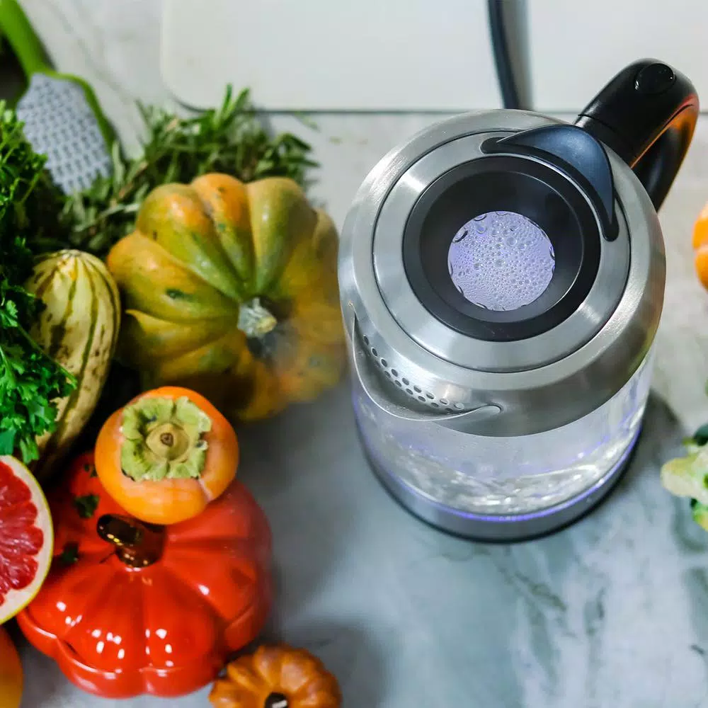 Ovente KG612S 1.7L Glass Electric Kettle, 1500W Silver Stainless Steel with Blue LED Light
