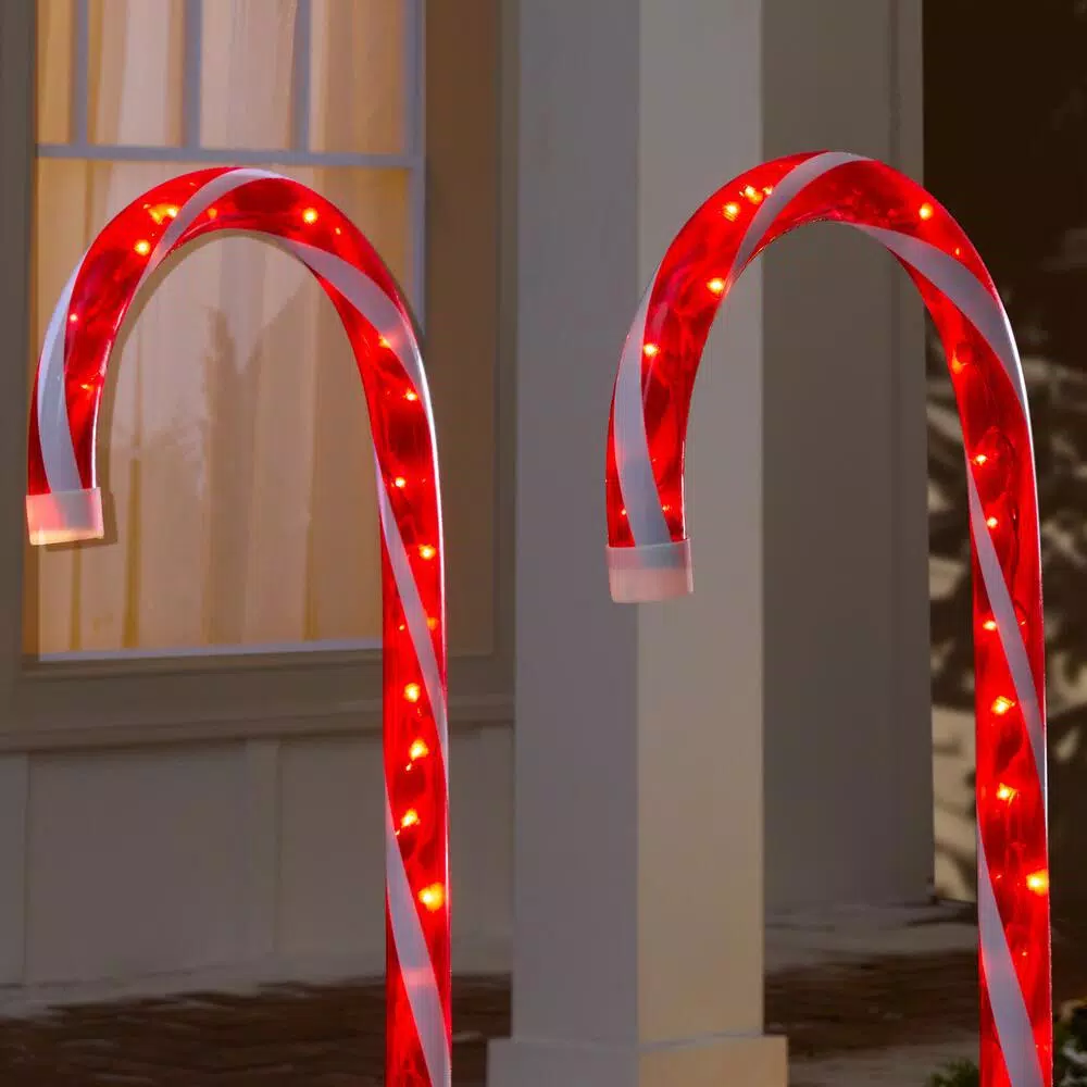 Home Accents Holiday 4 ft. Lighted Candy Cane Pathway Stakes, Set of 3, Red and White Incandescent Lights