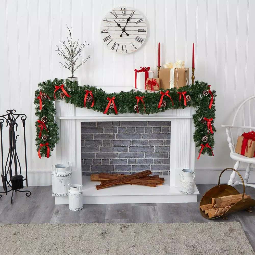 Nearly Natural 9 ft. Pre-lit Artificial Christmas Garland with Bows, Pinecones & 35 LED Lights