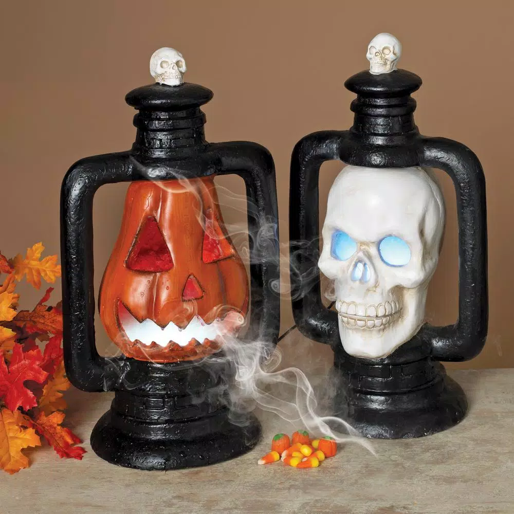 Gerson 18.11 in. Electric Smoking Halloween Lanterns Set of 2 - Jack-O-Lantern and Skull