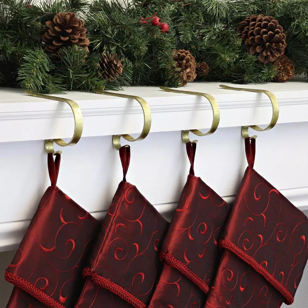 Haute Decor Gold Foil MantleClip Stocking Holders (4-Pack) - Adjustable Metal Holiday Decor