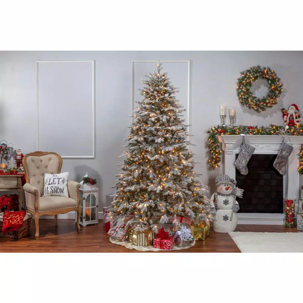 Sterling 7.5 ft. Pre-Lit Flocked Vermont Spruce Artificial Christmas Tree with 900 Clear Lights