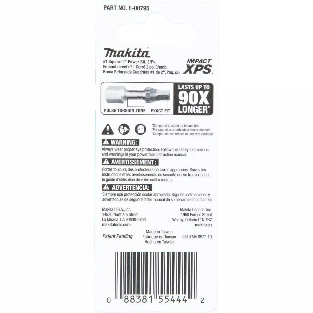 Makita ImpactXPS #1 Square 2 in. Power Bits, 3-Pack