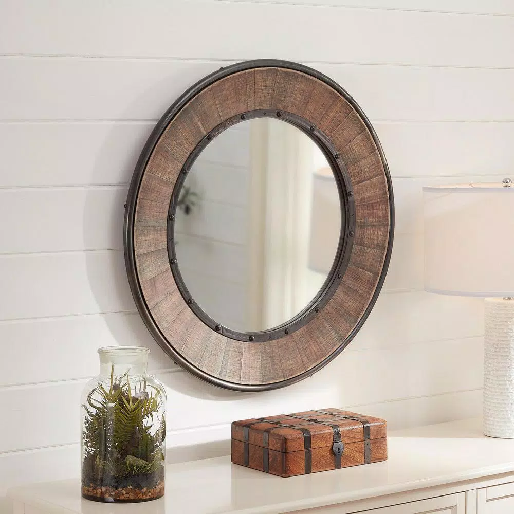 Home Decorators Collection 31 in. Round Farmhouse Accent Mirror with Distressed Wood Finish